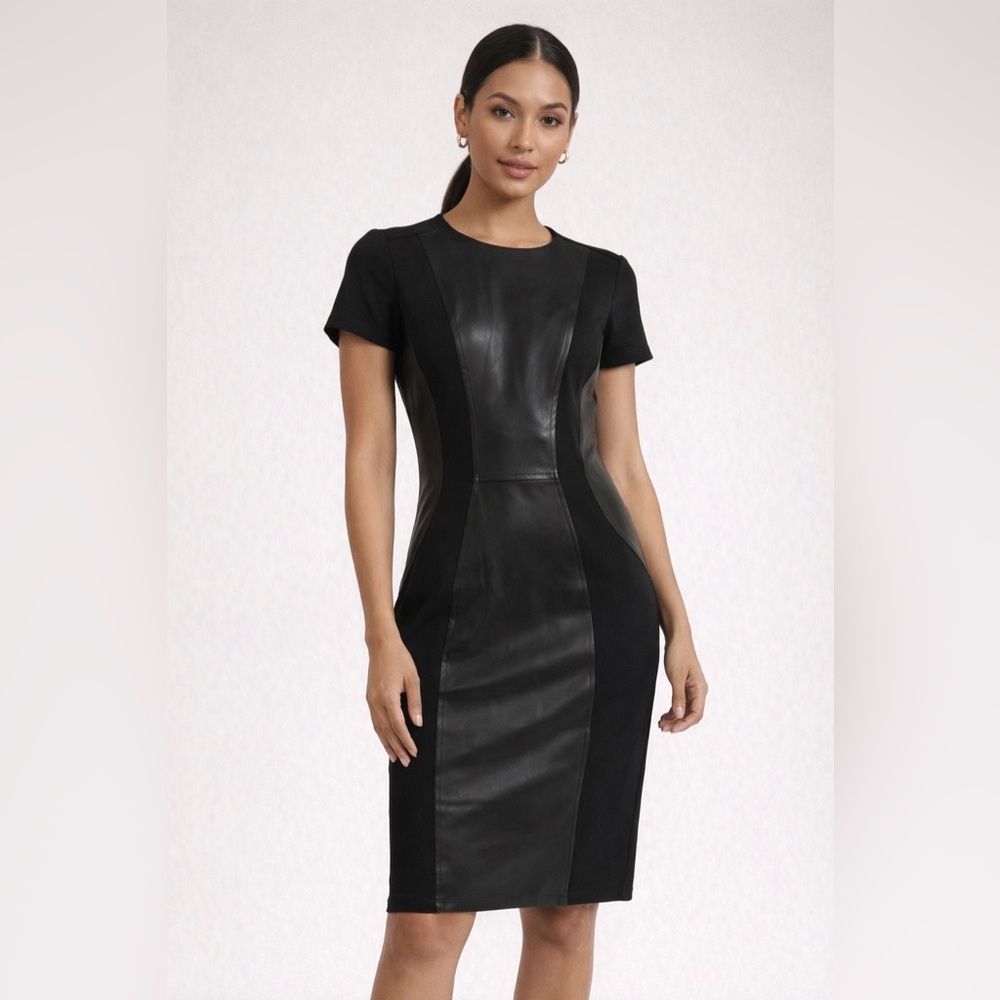 Addison Black faux Leather Dress-Short Sleeve Knee Length